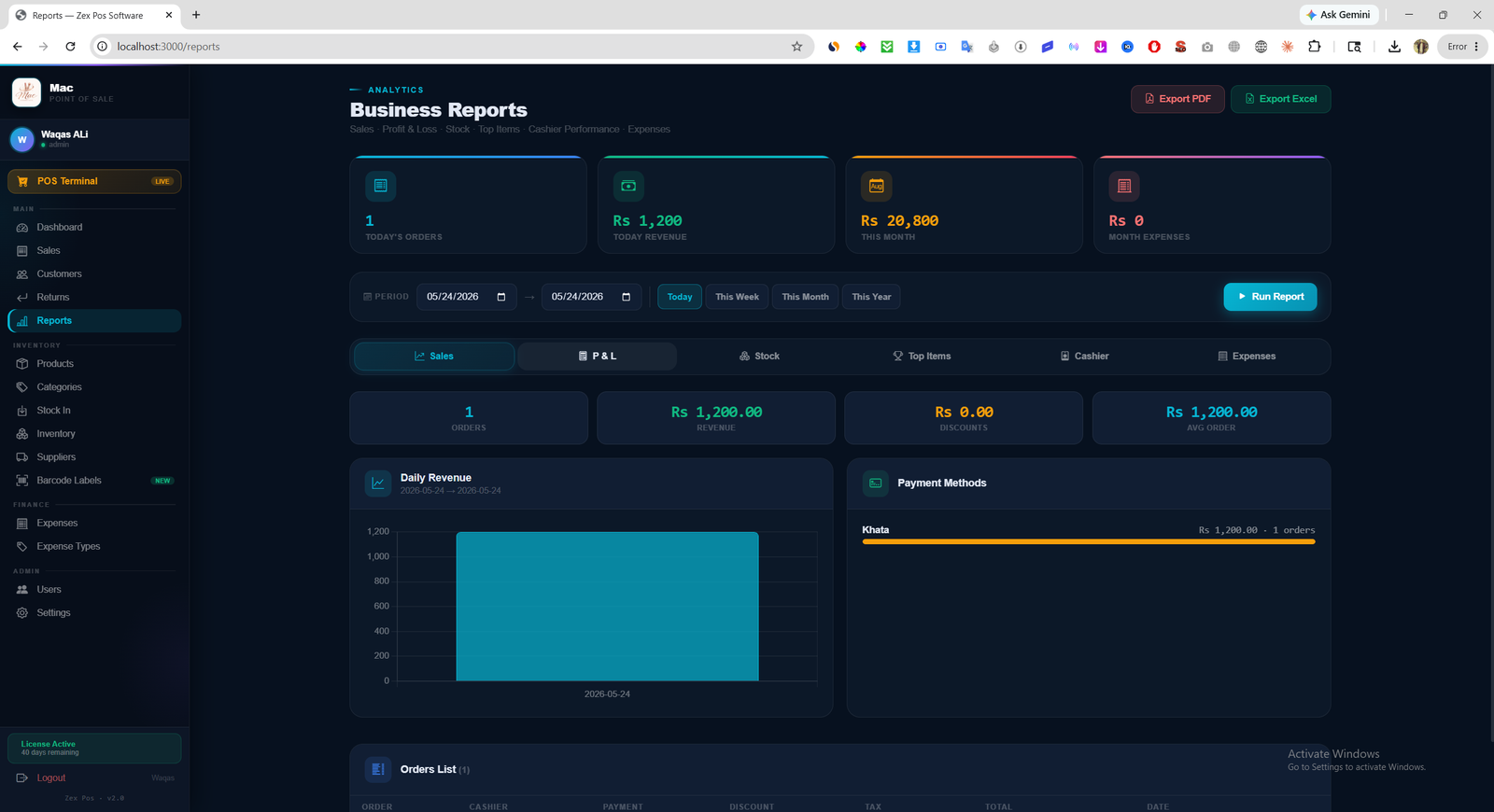 Daily sales report dashboard showing revenue orders and payment methods in Zex POS Pakistan
